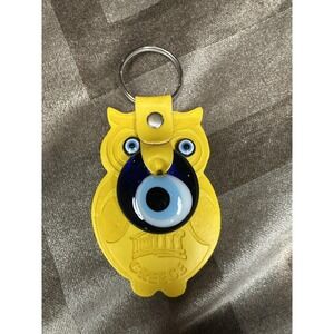 Yellow Owl Evil Eye Keychain Glass Nazar Charm Leather Greece Souvenir Key Ring